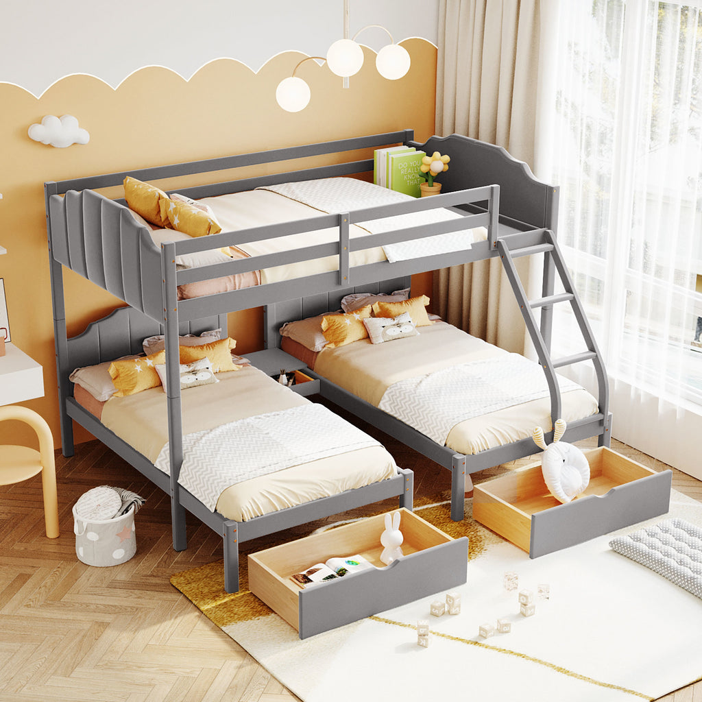 Full Over Twin & Twin Bunk Bed, Velvet Triple Bunk Bed with Drawers and Guardrails, Gray