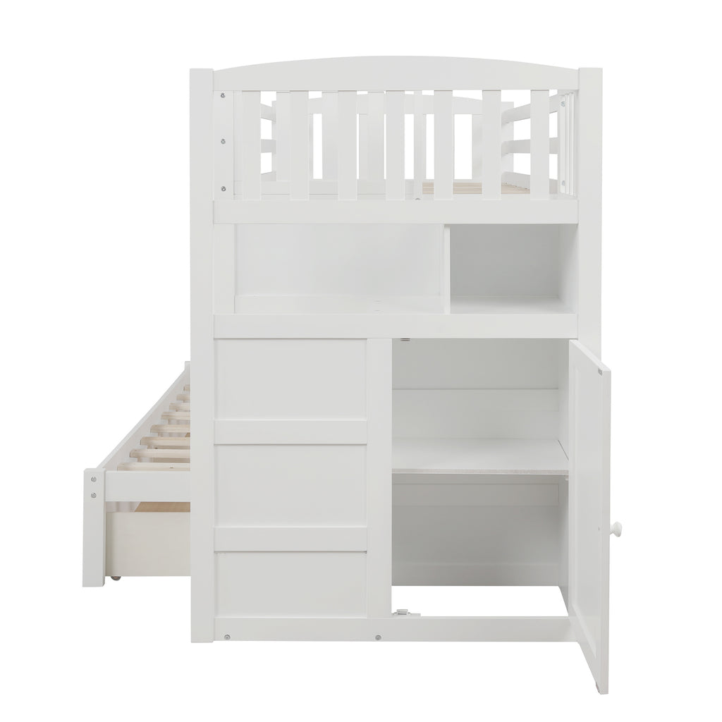 Twin over Full/Twin Bunk Bed, Convertible Bottom Bed, Storage Shelves and Drawers, White