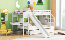 Load image into Gallery viewer, Twin over Twin Bunk Bed with Storage Staircase, Slide and Drawers, Desk with Drawers and Shelves, White