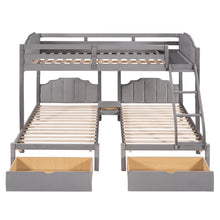 Load image into Gallery viewer, Full Over Twin &amp; Twin Bunk Bed, Velvet Triple Bunk Bed with Drawers and Guardrails, Gray