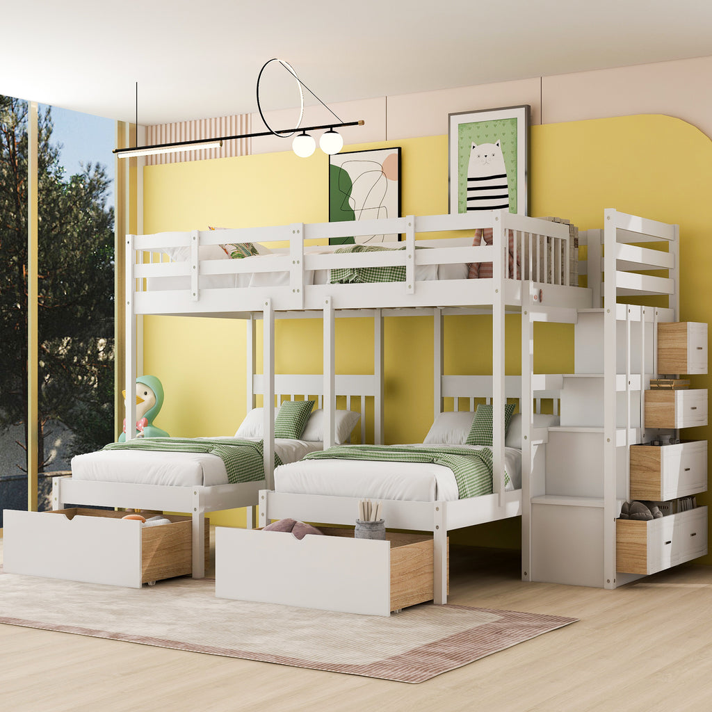 Full Over Twin & Twin Bunk Bed, Wood Triple Bunk Bed with Drawers and Guardrails (White)