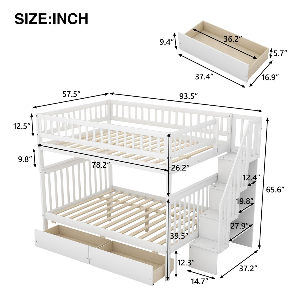 Full over Full Bunk Bed with Two Drawers and Storage, White