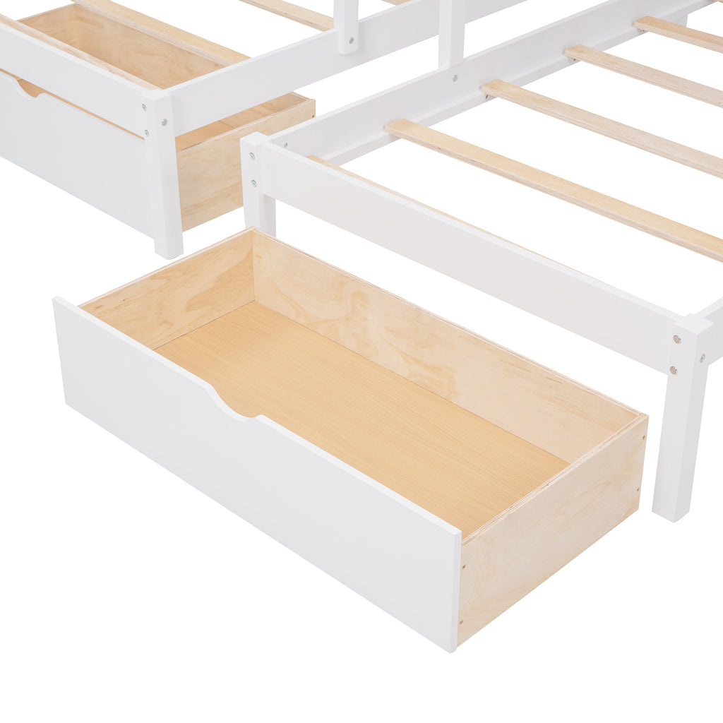 Full Over Twin & Twin Bunk Bed, Wood Triple Bunk Bed with Drawers and Guardrails (White)