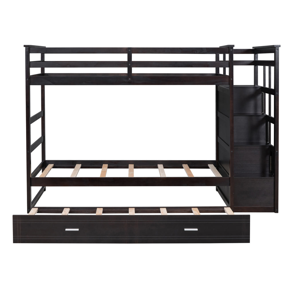 Twin Over Twin Bunk Bed with Trundle and Staircase, Espresso