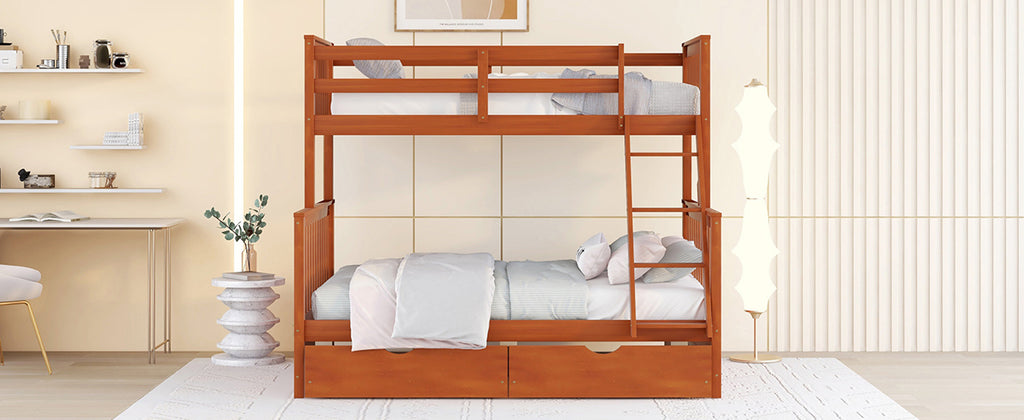 Twin-Over-Full Bunk Bed with Ladders and Two Storage Drawers (Walnut) { old sku:LT000165AAD}