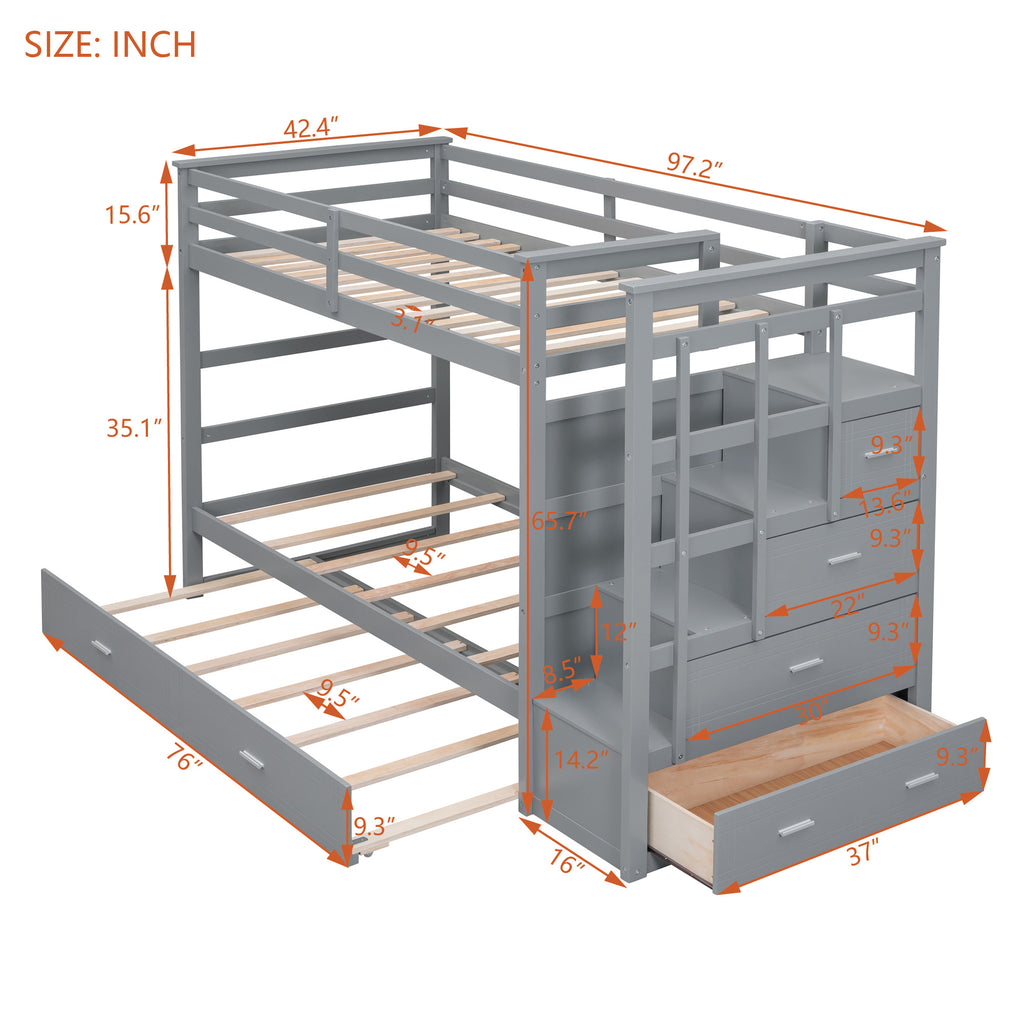 Twin Over Twin Bunk Bed with Trundle and Staircase,Gray