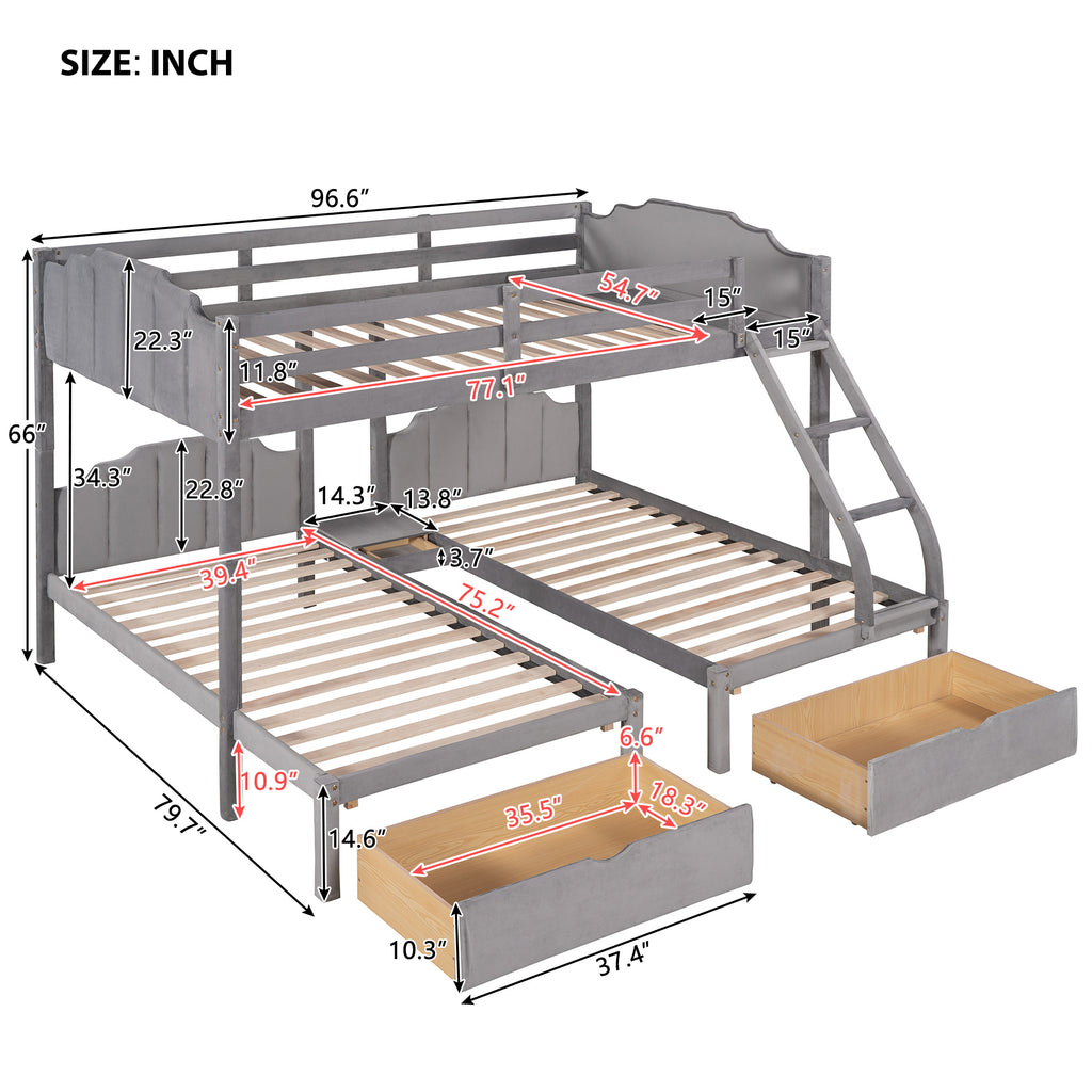 Full Over Twin & Twin Bunk Bed, Velvet Triple Bunk Bed with Drawers and Guardrails, Gray