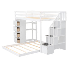 Load image into Gallery viewer, Twin Over Full Bunk Bed with 3-layer Shelves, Drawers and Storage Stairs, White