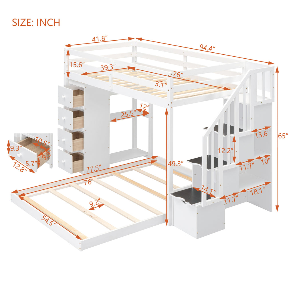 Twin Over Full Bunk Bed with 3-layer Shelves, Drawers and Storage Stairs, White