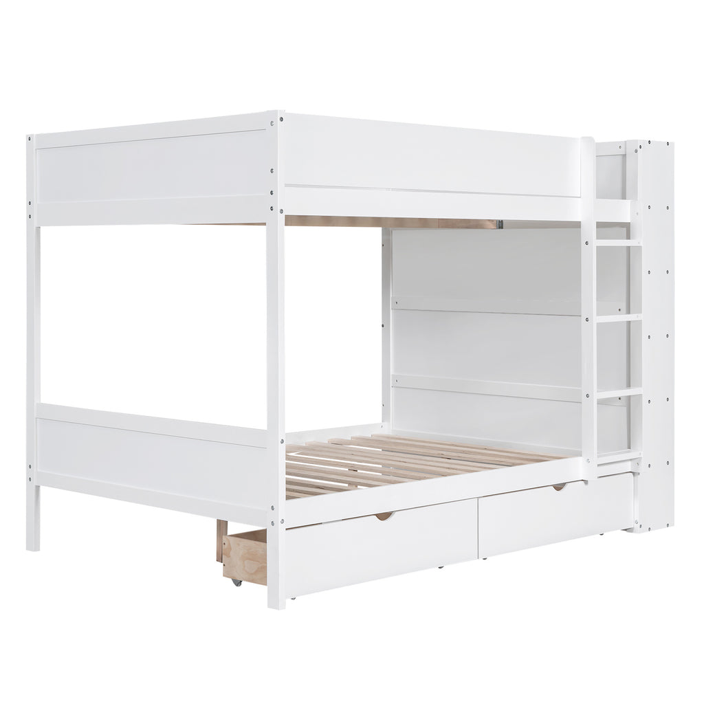 Full over Full Bunk Bed With 2 Drawers and Multi-layer Cabinet, White