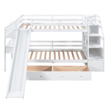 Load image into Gallery viewer, Twin over Twin Bunk Bed with Storage Staircase, Slide and Drawers, Desk with Drawers and Shelves, White