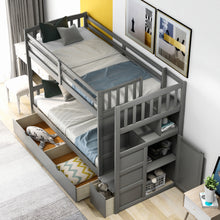 Load image into Gallery viewer, Twin over Full/Twin Bunk Bed, Convertible Bottom Bed, Storage Shelves and Drawers, Gray