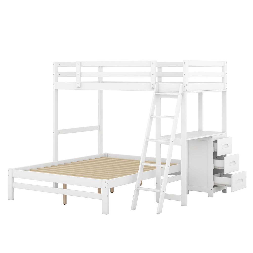 Twin over Full Bunk Bed with Built-in Desk and Three Drawers,White