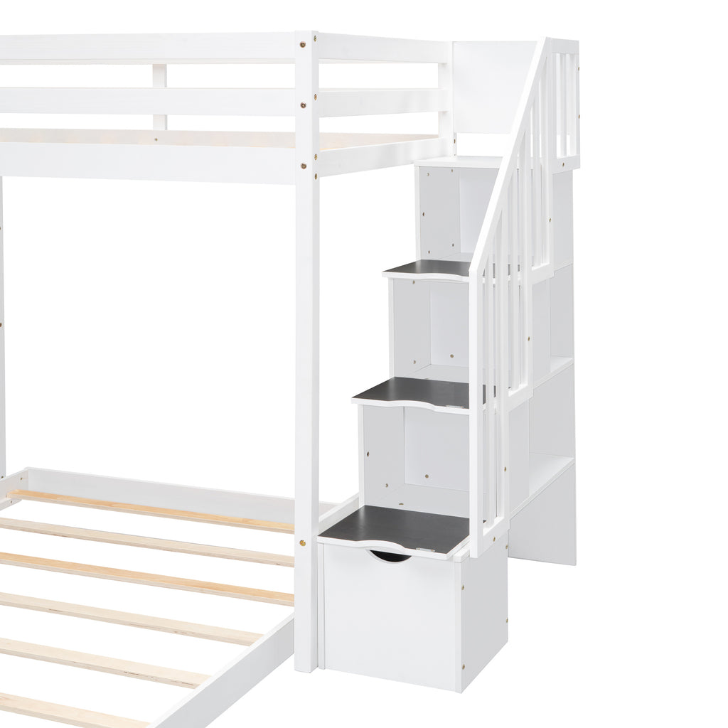 Twin Over Full Bunk Bed with 3-layer Shelves, Drawers and Storage Stairs, White