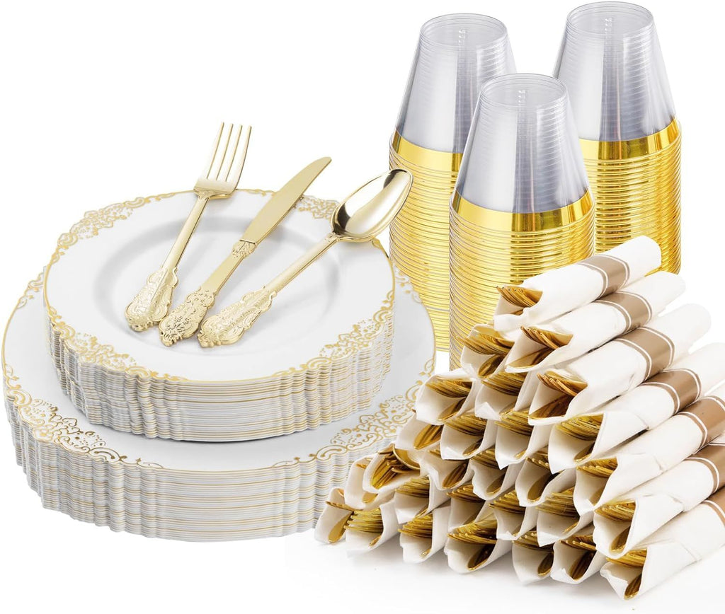 350PCS Gold Plastic Plates for 50 Guests, 100 Gold Rim Plastic Plates, 50 Silverware, 50 Pre Rolled Napkins for Party