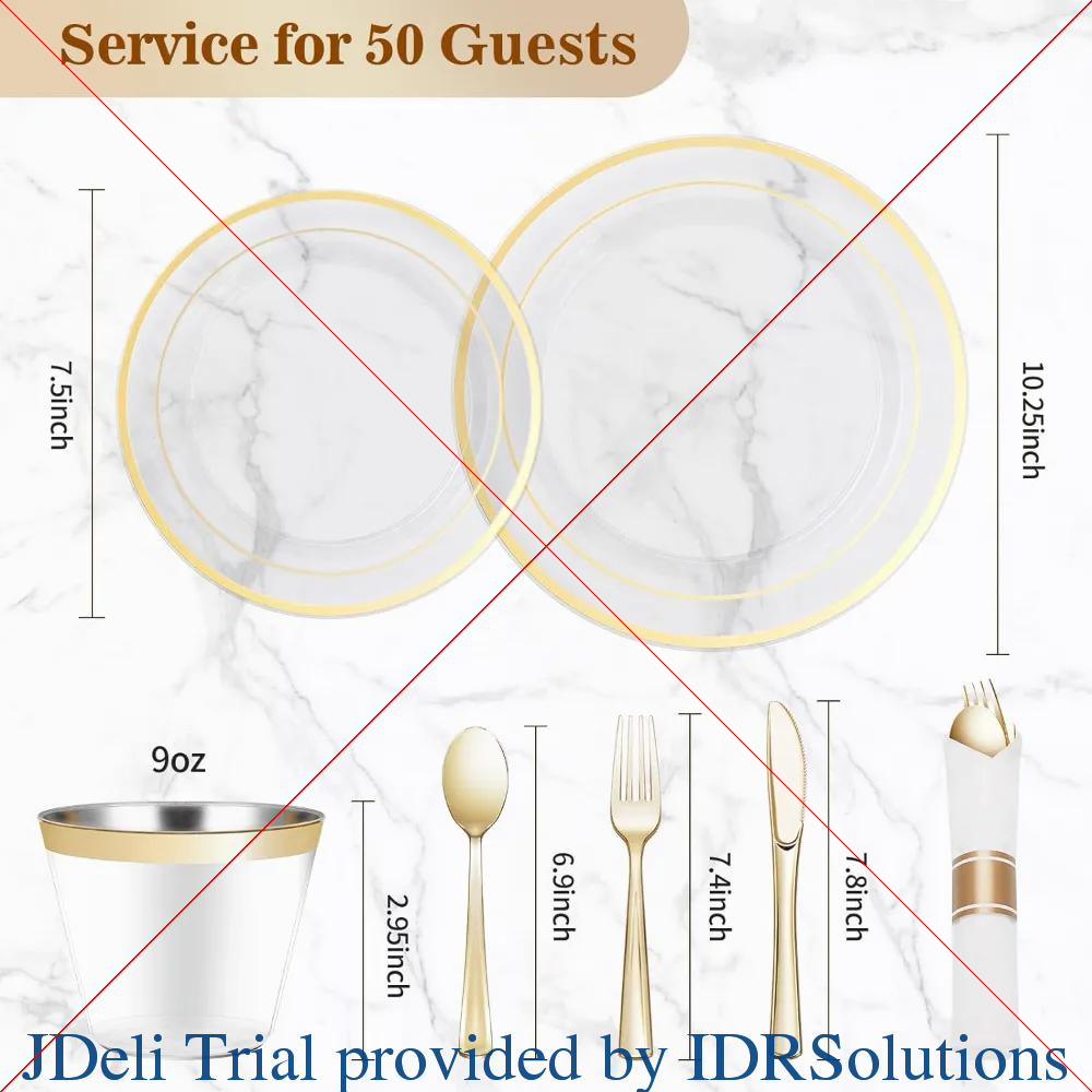 350PCS Gold Dinnerware Set, Disposable Party Plates for 50 Guests, Plastic Plates, Rolled Napkins, Cups