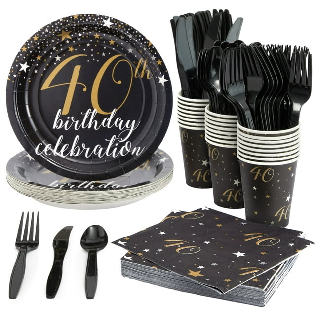 144 Piece 40th Birthday Party Supplies Set for Men, Women, Serves 24 Paper Plates and Napkins, Cups, Cutlery, Black and Gold Disposable Set for 40 Birthday Decorations