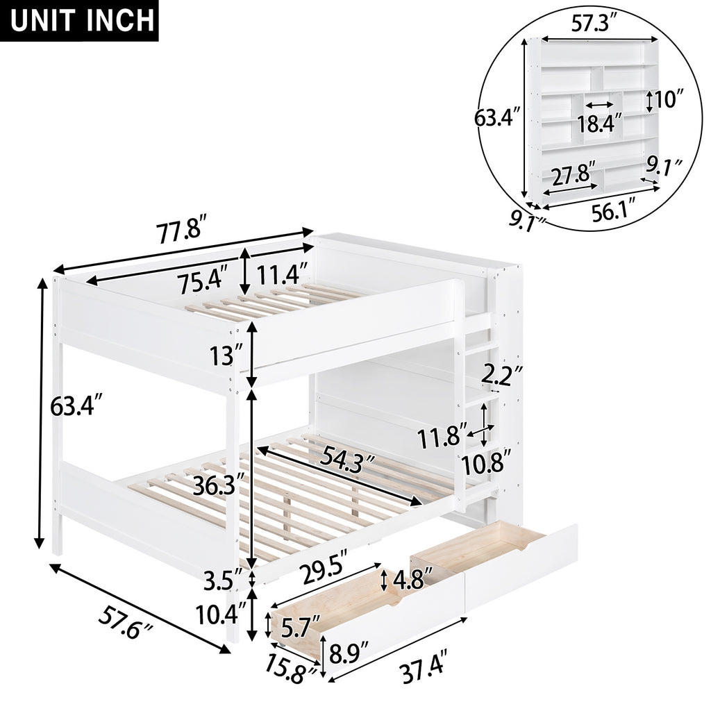 Full over Full Bunk Bed With 2 Drawers and Multi-layer Cabinet, White