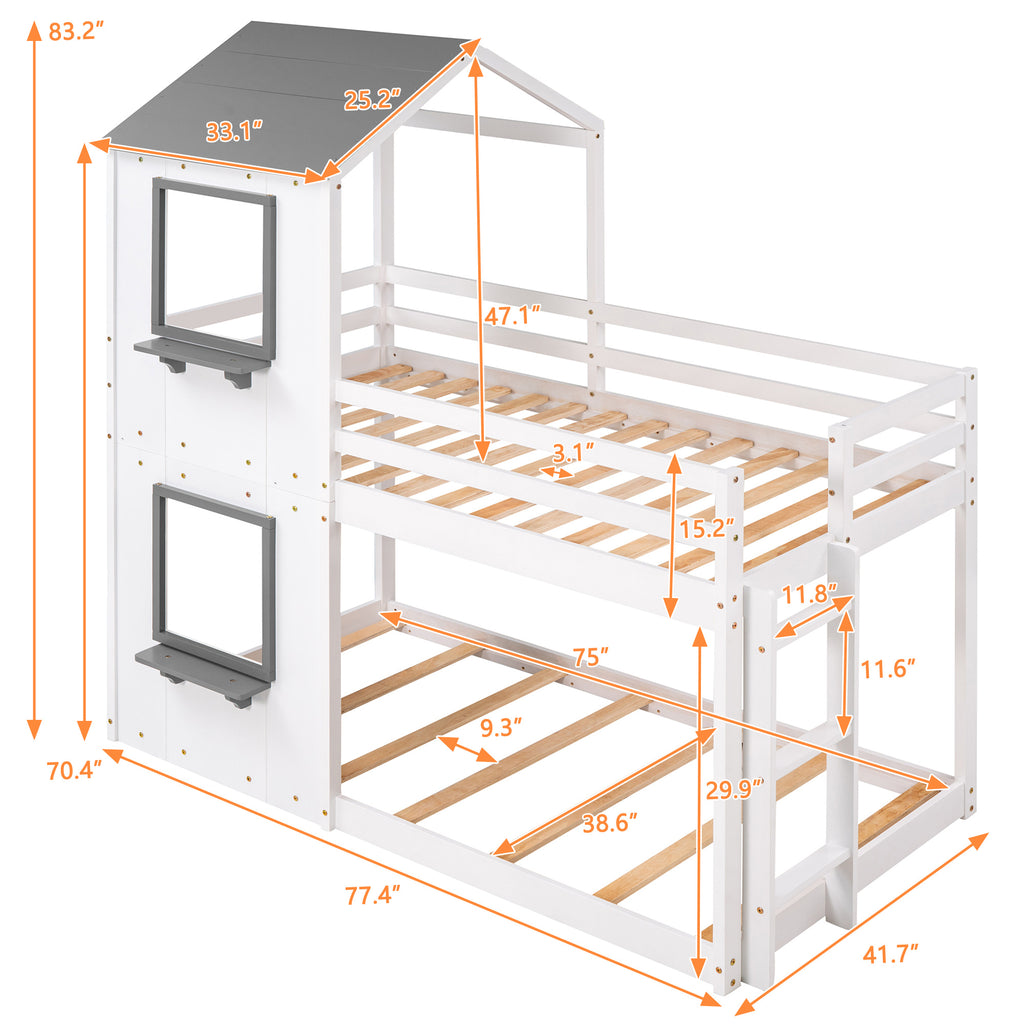 Twin Over Twin Bunk Bed Wood Bed with Roof, Window, Guardrail, Ladder (White)