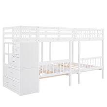 Load image into Gallery viewer, Full Over Twin &amp; Twin Bunk Bed, Wood Triple Bunk Bed with Drawers and Guardrails (White)