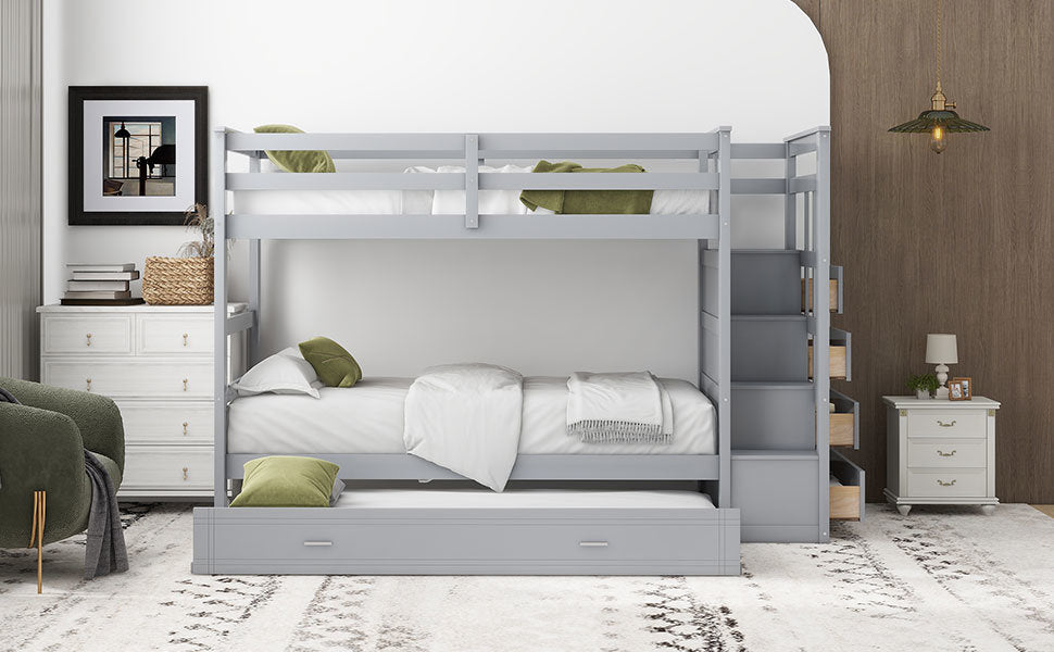 Twin Over Twin Bunk Bed with Trundle and Staircase,Gray