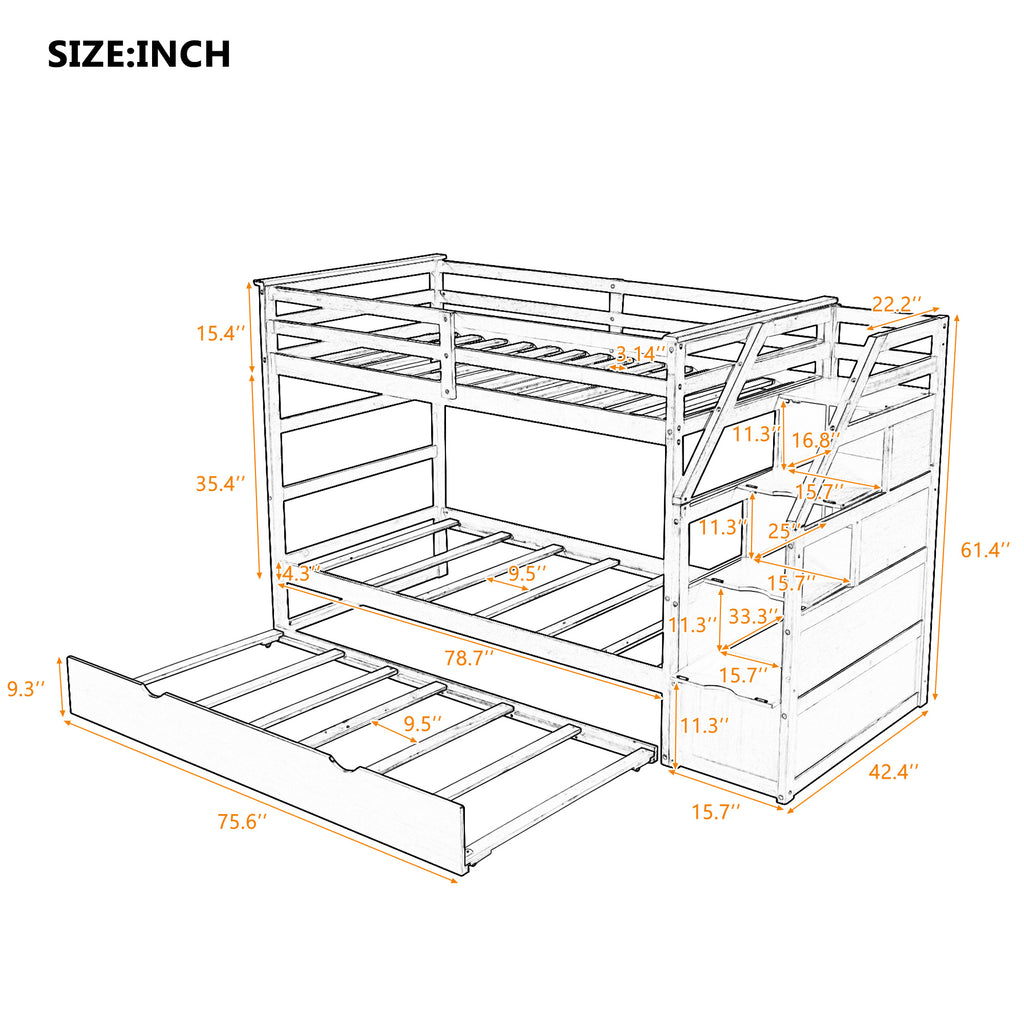 Twin-Over-Twin Bunk Bed with Twin Size Trundle and 3 Storage Stairs,Espresso