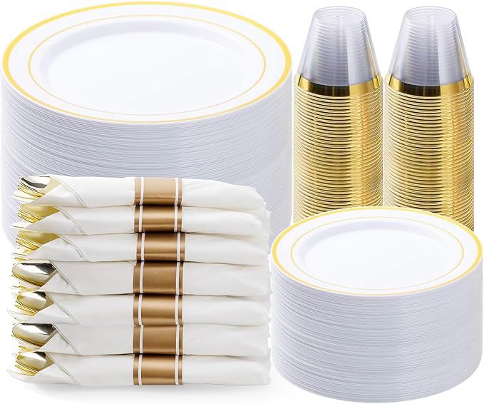 350PCS Gold Dinnerware Set, Disposable Party Plates for 50 Guests, Plastic Plates, Rolled Napkins, Cups