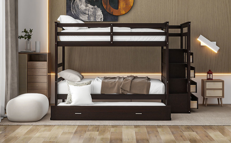 Twin Over Twin Bunk Bed with Trundle and Staircase, Espresso