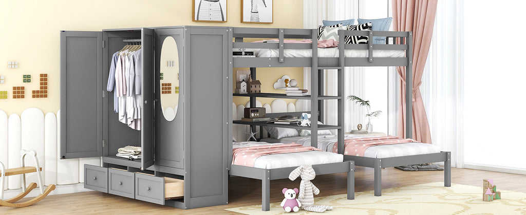 Full-Over-Twin-Twin Bunk Bed with Shelves, Wardrobe and Mirror, Gray