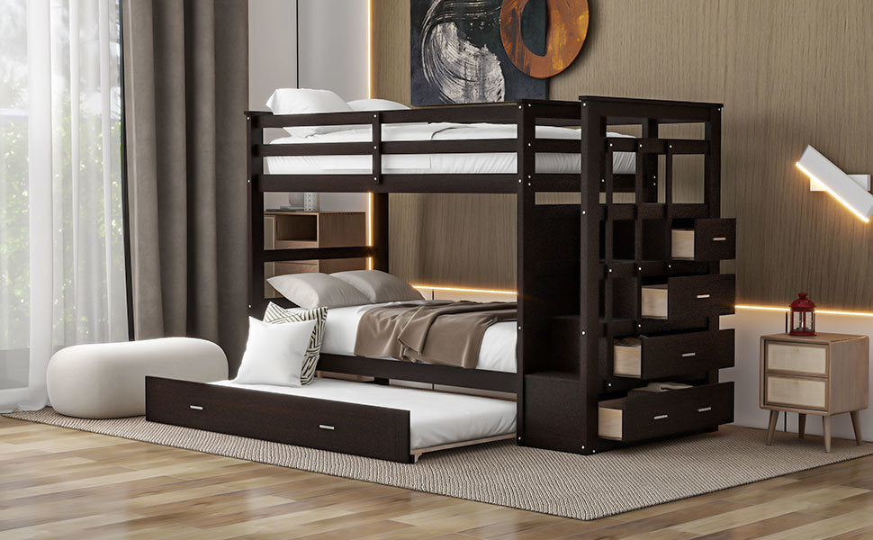 Twin Over Twin Bunk Bed with Trundle and Staircase, Espresso