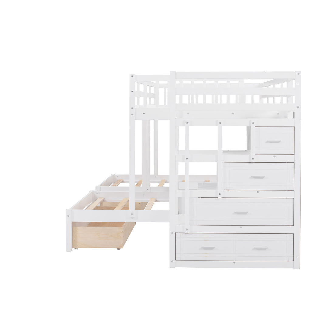 Full Over Twin & Twin Bunk Bed, Wood Triple Bunk Bed with Drawers and Guardrails (White)