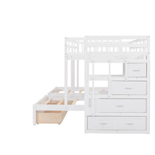 Load image into Gallery viewer, Full Over Twin &amp; Twin Bunk Bed, Wood Triple Bunk Bed with Drawers and Guardrails (White)