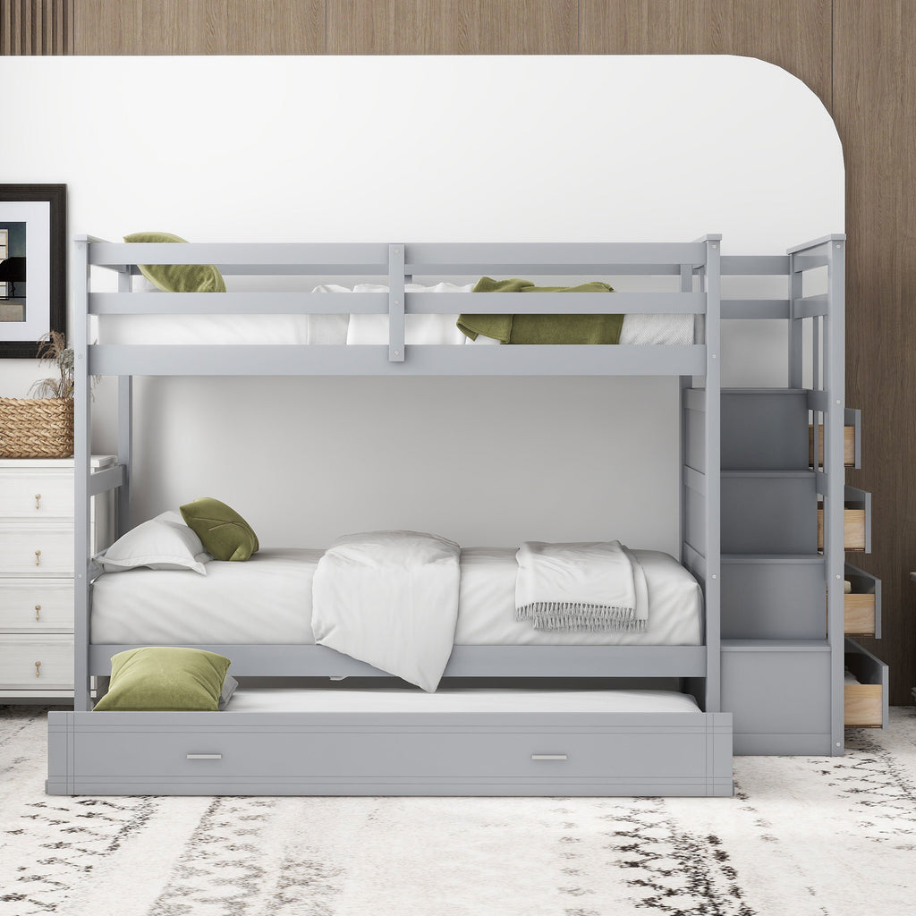 Twin Over Twin Bunk Bed with Trundle and Staircase,Gray