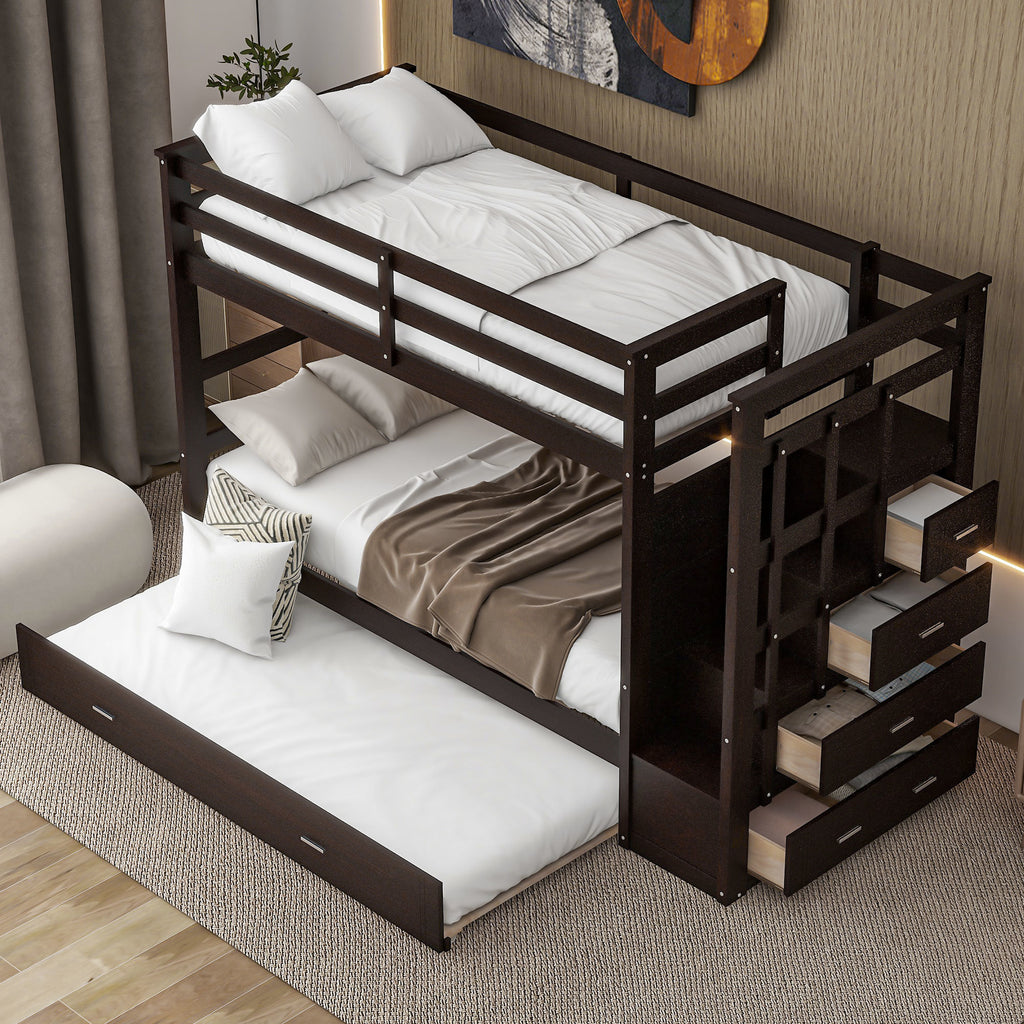 Twin Over Twin Bunk Bed with Trundle and Staircase, Espresso