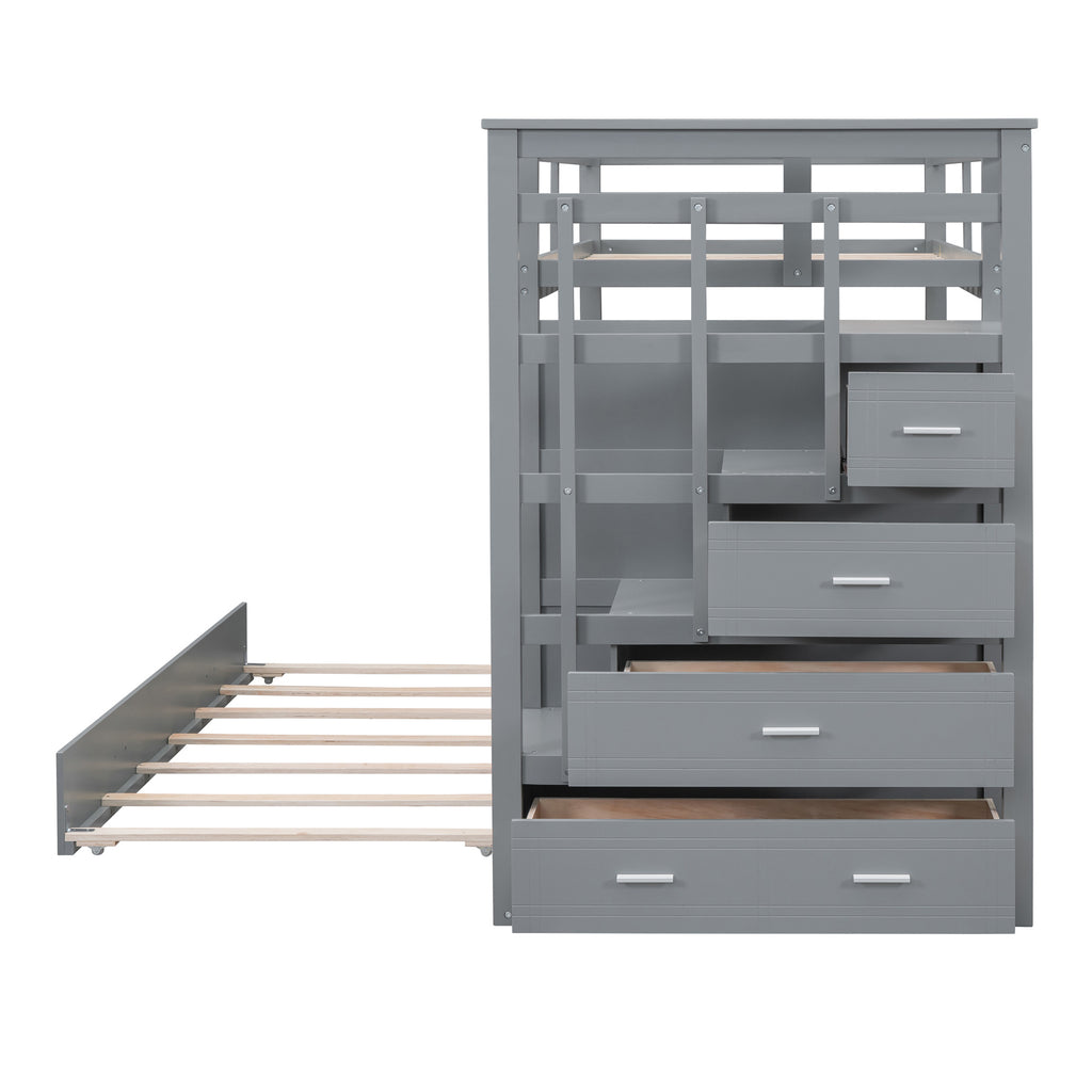 Twin Over Twin Bunk Bed with Trundle and Staircase,Gray