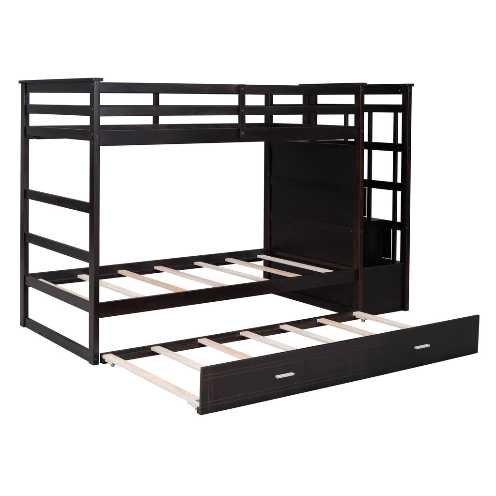 Twin Over Twin Bunk Bed with Trundle and Staircase, Espresso