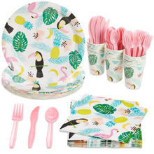 Load image into Gallery viewer, 144-Piece Set of Tropical Paper Plates, Flamingo Napkins, Cups, Pink Cutlery for Hawaiian Luau Party Supplies, Summer Birthday Decorations, Disposable (Serves 24)