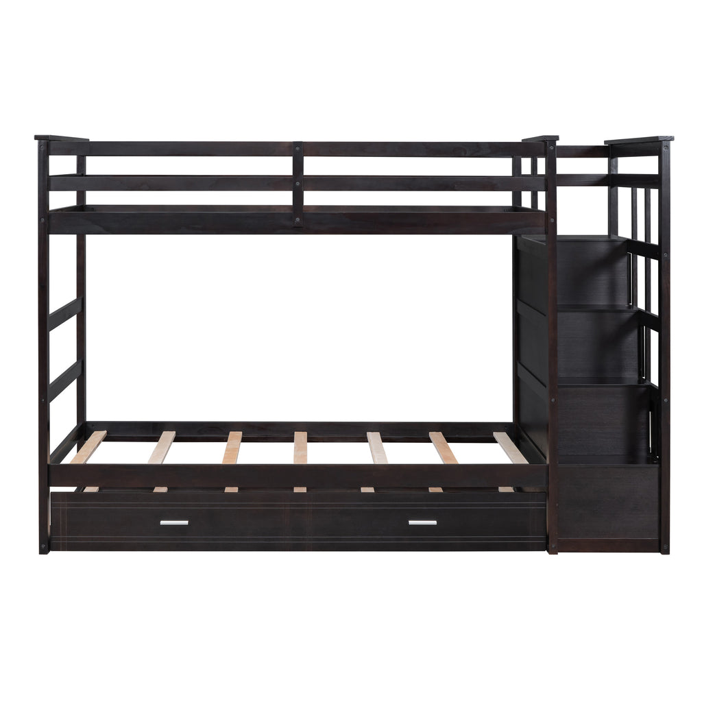 Twin Over Twin Bunk Bed with Trundle and Staircase, Espresso