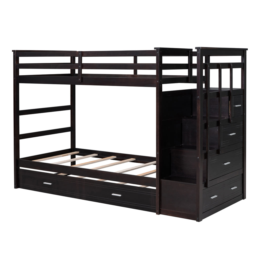 Twin Over Twin Bunk Bed with Trundle and Staircase, Espresso