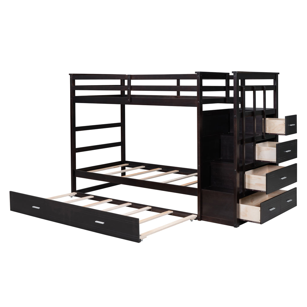 Twin Over Twin Bunk Bed with Trundle and Staircase, Espresso