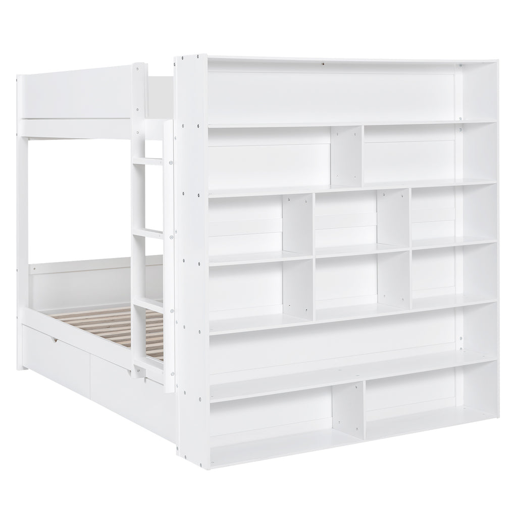 Full over Full Bunk Bed With 2 Drawers and Multi-layer Cabinet, White