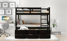 Load image into Gallery viewer, Twin over Twin Wood Bunk Bed with Trundle and Drawers, Espresso