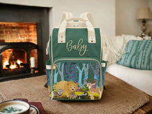 Load image into Gallery viewer, Designer Diaper Bags - Gender Neutral Forest Animals With Baby Name - Green - Waterproof Multi-Function Backpack