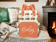 Load image into Gallery viewer, Designer Baby Bag Backpack - Tractors And Farm In Orange Tones Multi-Function Backpack