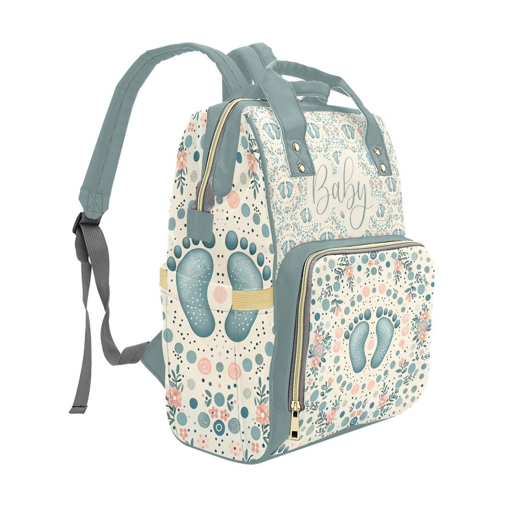 Baby Bag Backpack - Cute Boho Baby's Footprints in Green Multi-Function Backpack