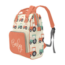 Load image into Gallery viewer, Designer Baby Bag Backpack - Tractors And Farm In Orange Tones Multi-Function Backpack