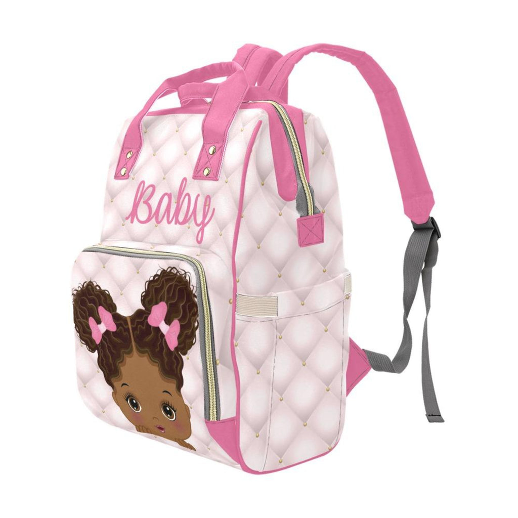 Cute African American Baby Girl With Natural Pigtails And Pink Bows On Tufted Design Diaper Bag Backpack