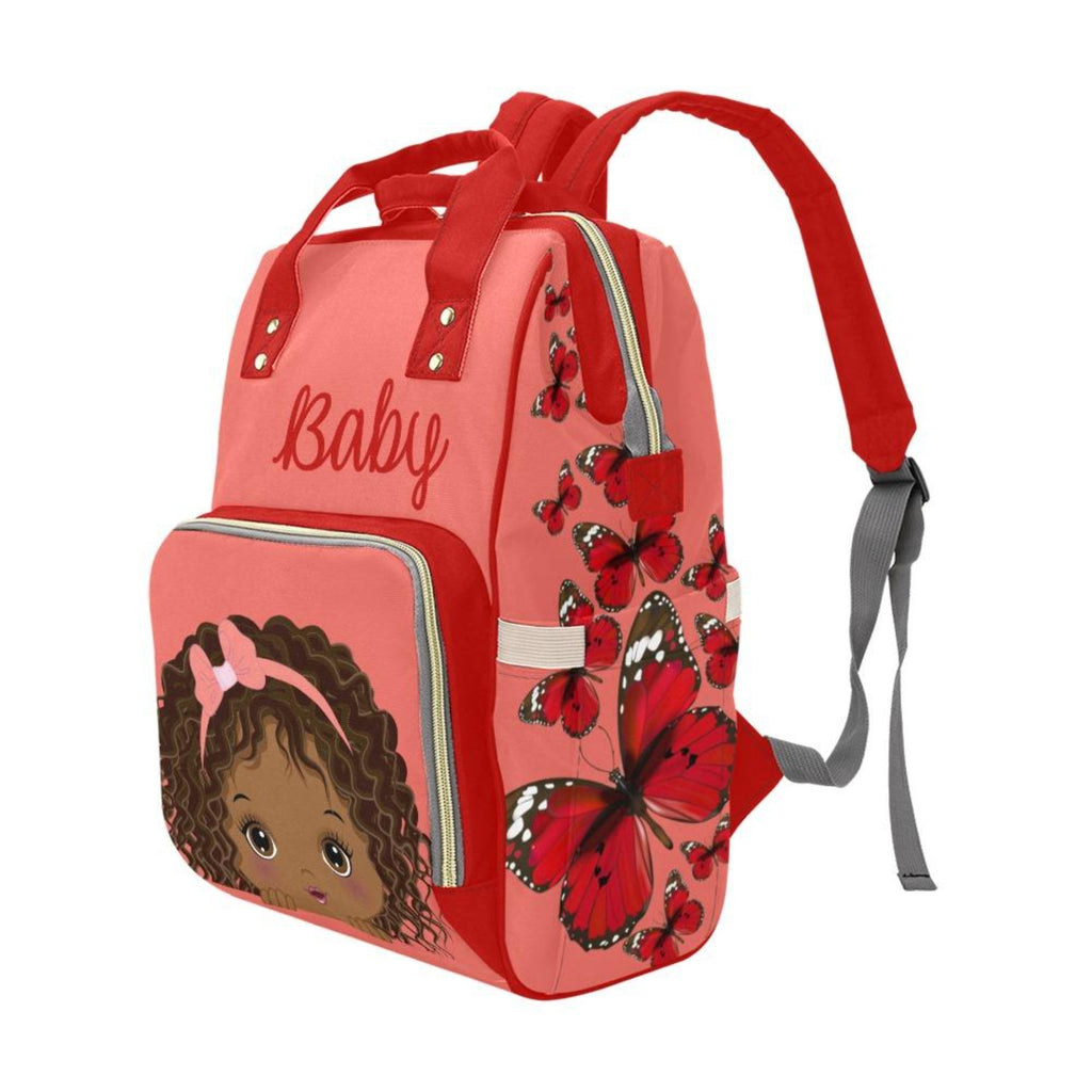 Adorable African American Baby Girl With Pink Bow On Coral Diaper Bag Backpack