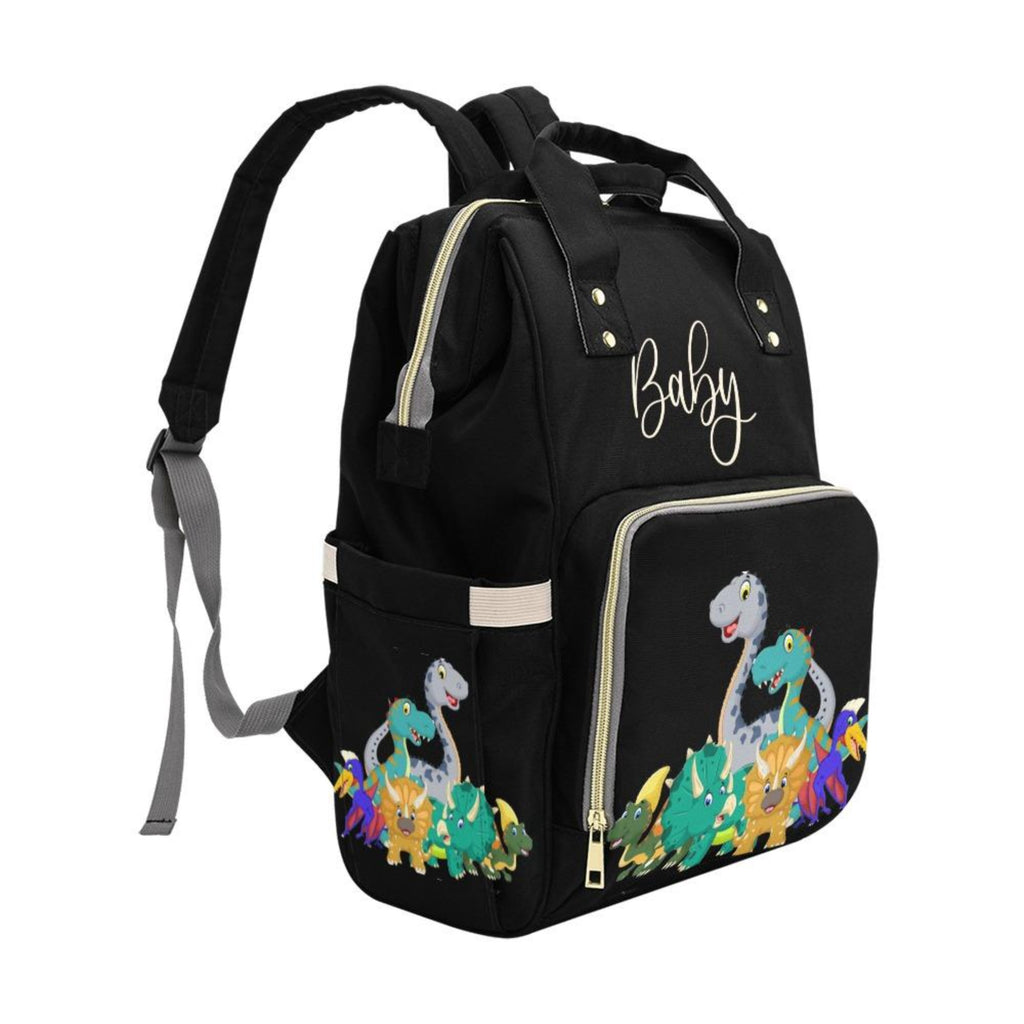 Designer Baby Bag With Cute Cartoon Dinosaurs - Waterproof Multifunction Backpack in Black