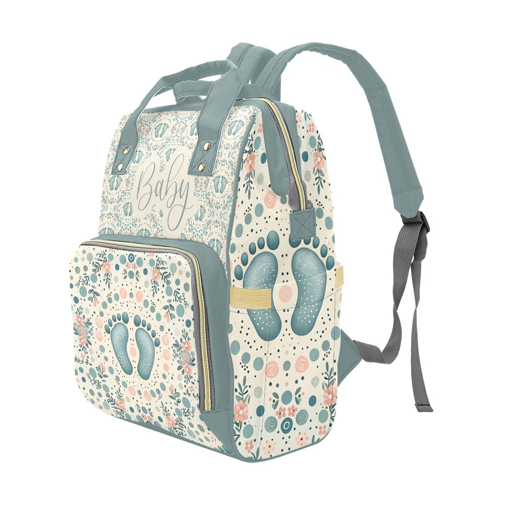 Baby Bag Backpack - Cute Boho Baby's Footprints in Green Multi-Function Backpack